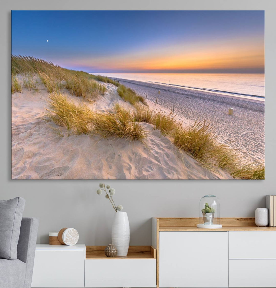 The cozy kitchen features the Sunrise On The Beach canvas art.