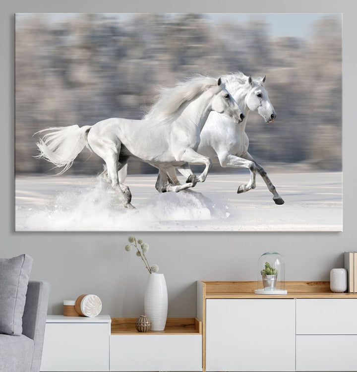 Museum-quality All The White Horses canvas print of two white horses in snow, ready to hang.