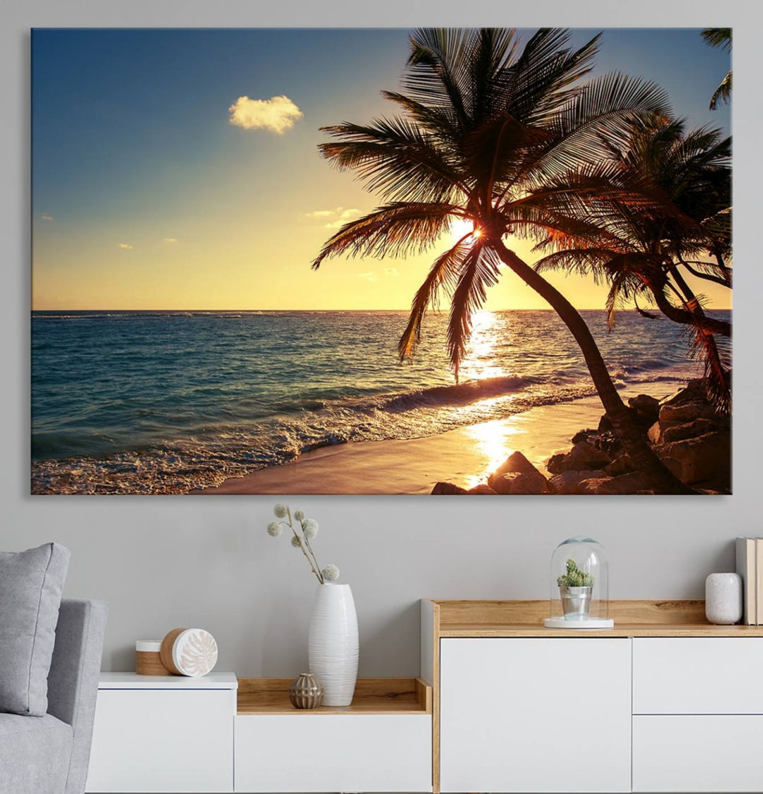 Sunset Palm Trees Wall Art Canvas Print: a serene beach scene on museum-quality canvas.