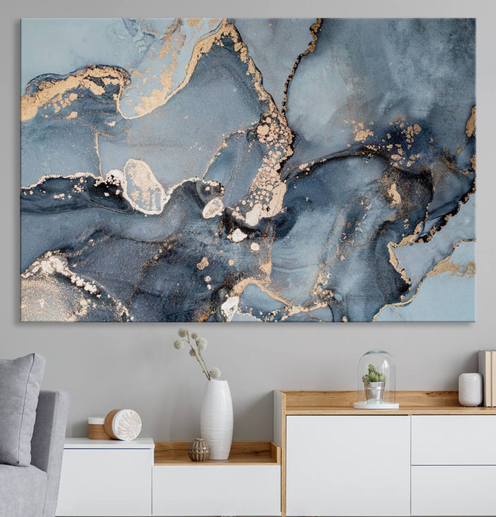 A Multipanel Marble Fluid Effect Canvas Print hangs prominently on the wall.