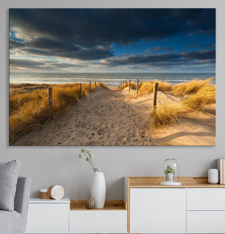 Museum-quality Ocean Beach Dark Clouds canvas print.