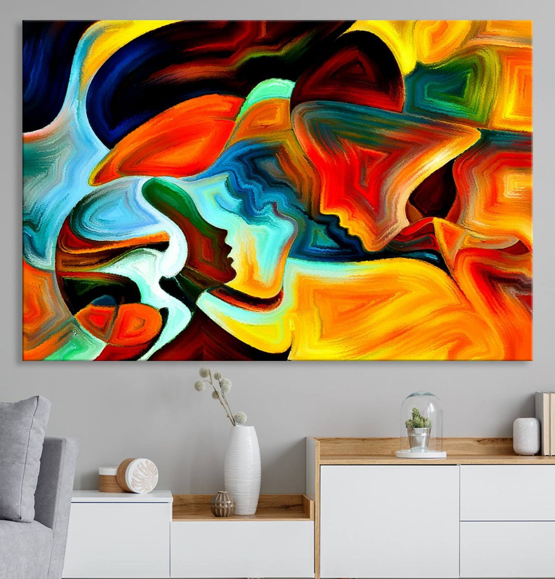 The kitchen wall features the Human Love Figures Abstract Wall Art Canvas Print.