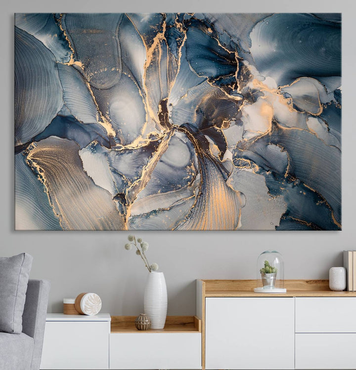 Abstract wall art canvas print is displayed prominently, adding a modern touch to the decor.