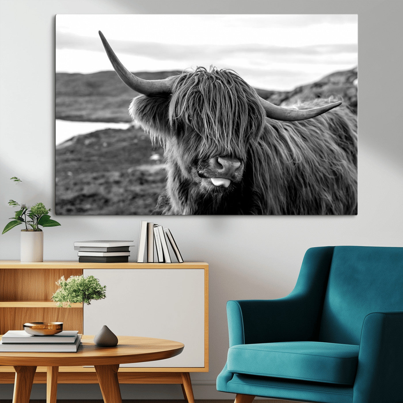 MGV-CV-36X24 - Highland Cow Canvas Wall Art – Black and White Animal Portrait – Framed and Ready to Hang Rustic Farmhouse Decor for Living Room or Office