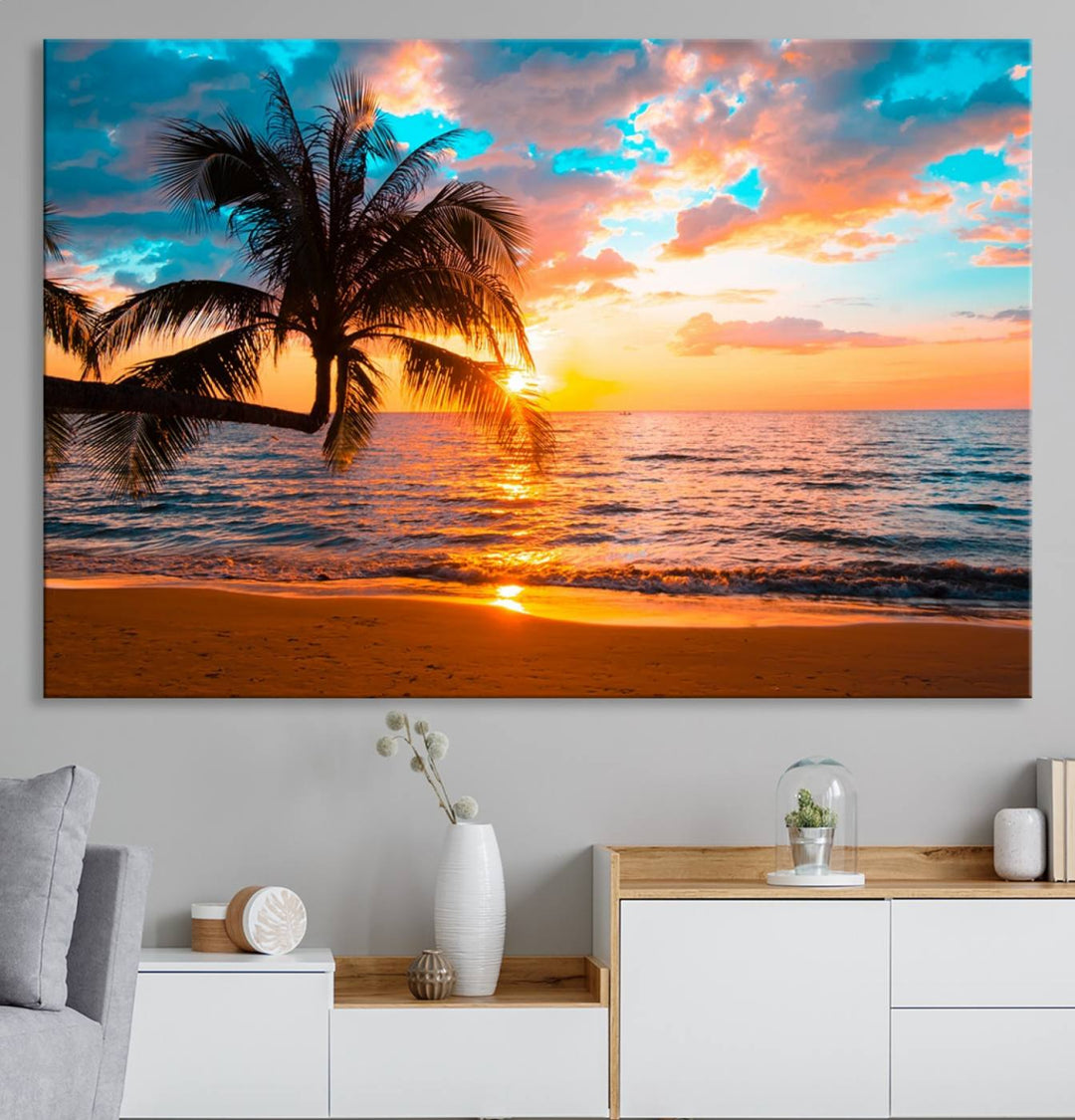 The Palm Tree Sunset On The Beach ready-to-hang canvas wall art—museum quality—brings a serene atmosphere to the room.