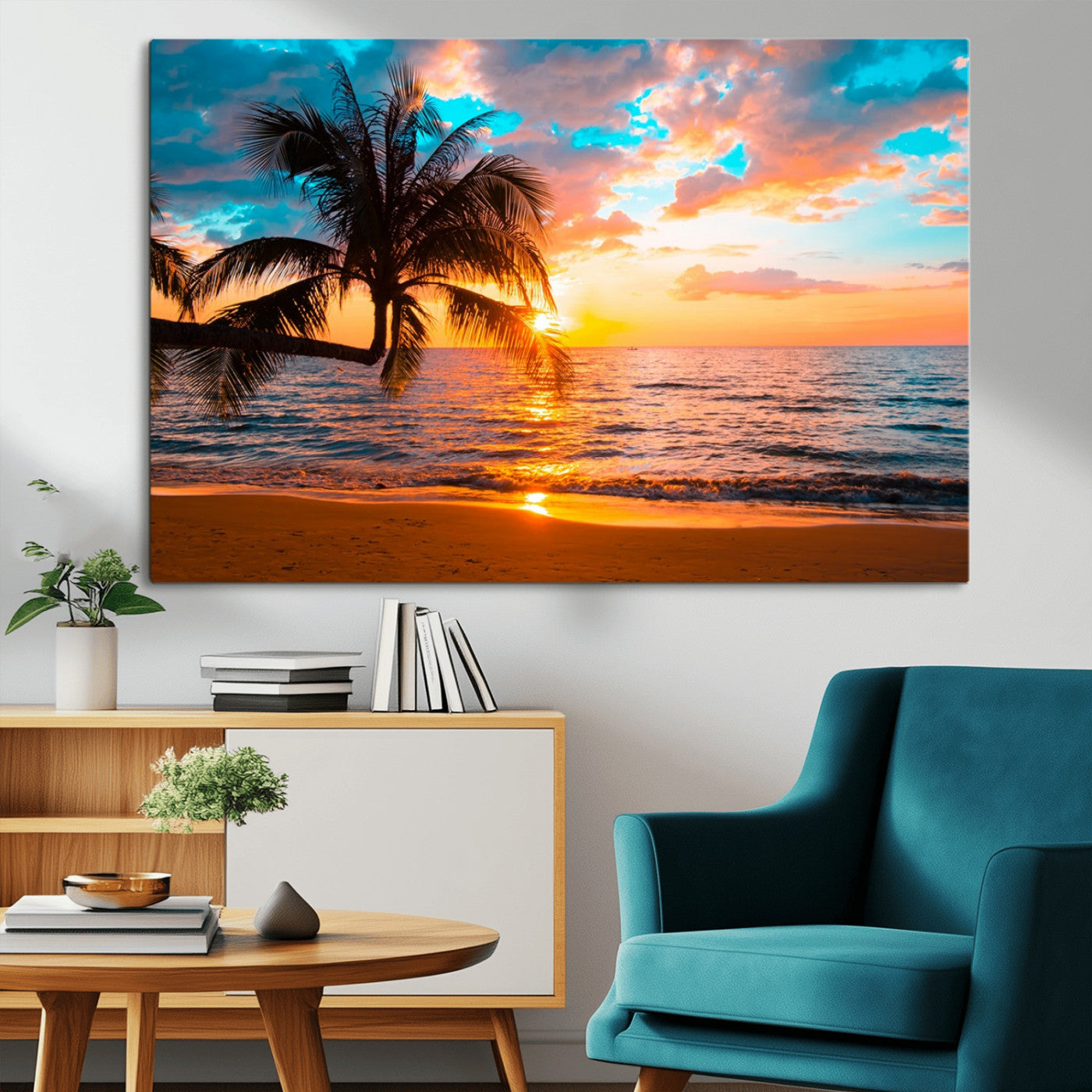 -Palm Tree Sunset On The Beach Wall Art Canvas, Framed Palm Tree Sunset Canvas Print