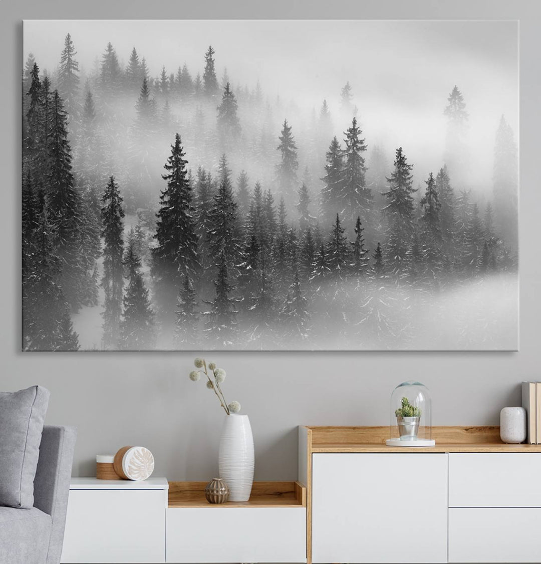 A stunning Foggy Misty Forest Canvas Wall Art adorns the kitchen wall.