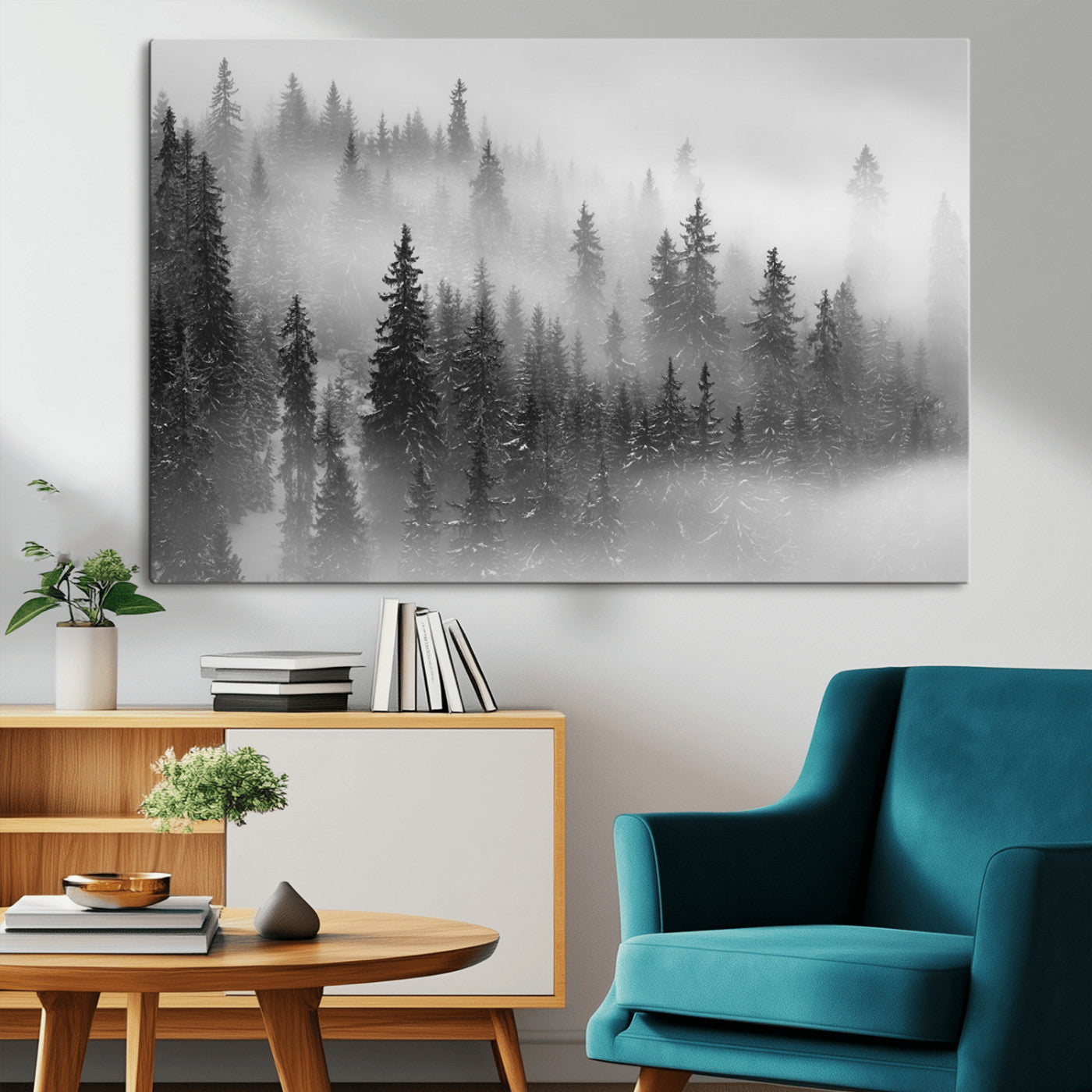 MGV-CV-36X24 - Black and White Forest Wall Art Print – Misty Pine Tree Canvas Print – Winter Woodland Nature Artwork – Perfect for Minimalist Home Decor