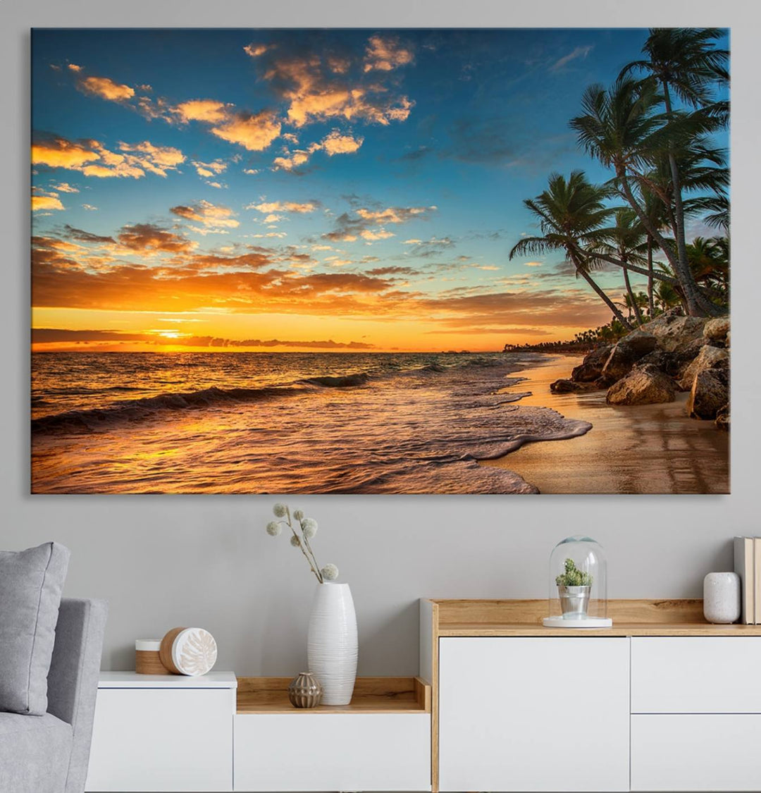 A stunning beach sunset on a museum-quality Sunset Wall Art Canvas Print adorns the kitchen wall.