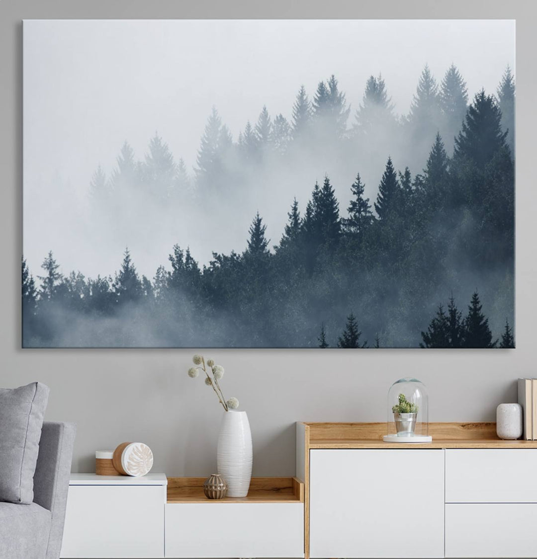 A large Foggy Pine Forest Wall Art Canvas Print.