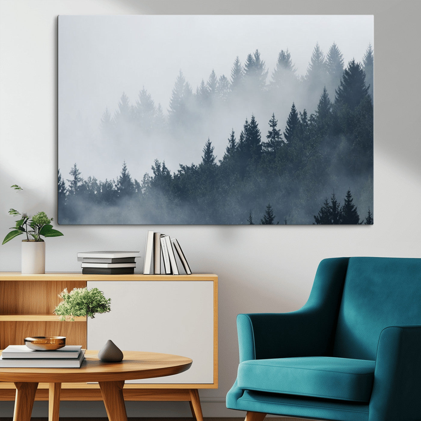 MGV-CV-36X24 - Misty Forest Wall Art Print – Foggy Pine Tree Canvas Print – Dark Woodland Nature Artwork – Perfect for Minimalist and Modern Home Decor