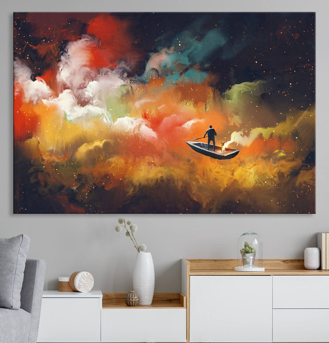 Surreal Space Adventure Canvas Wall Art features a person in a boat.