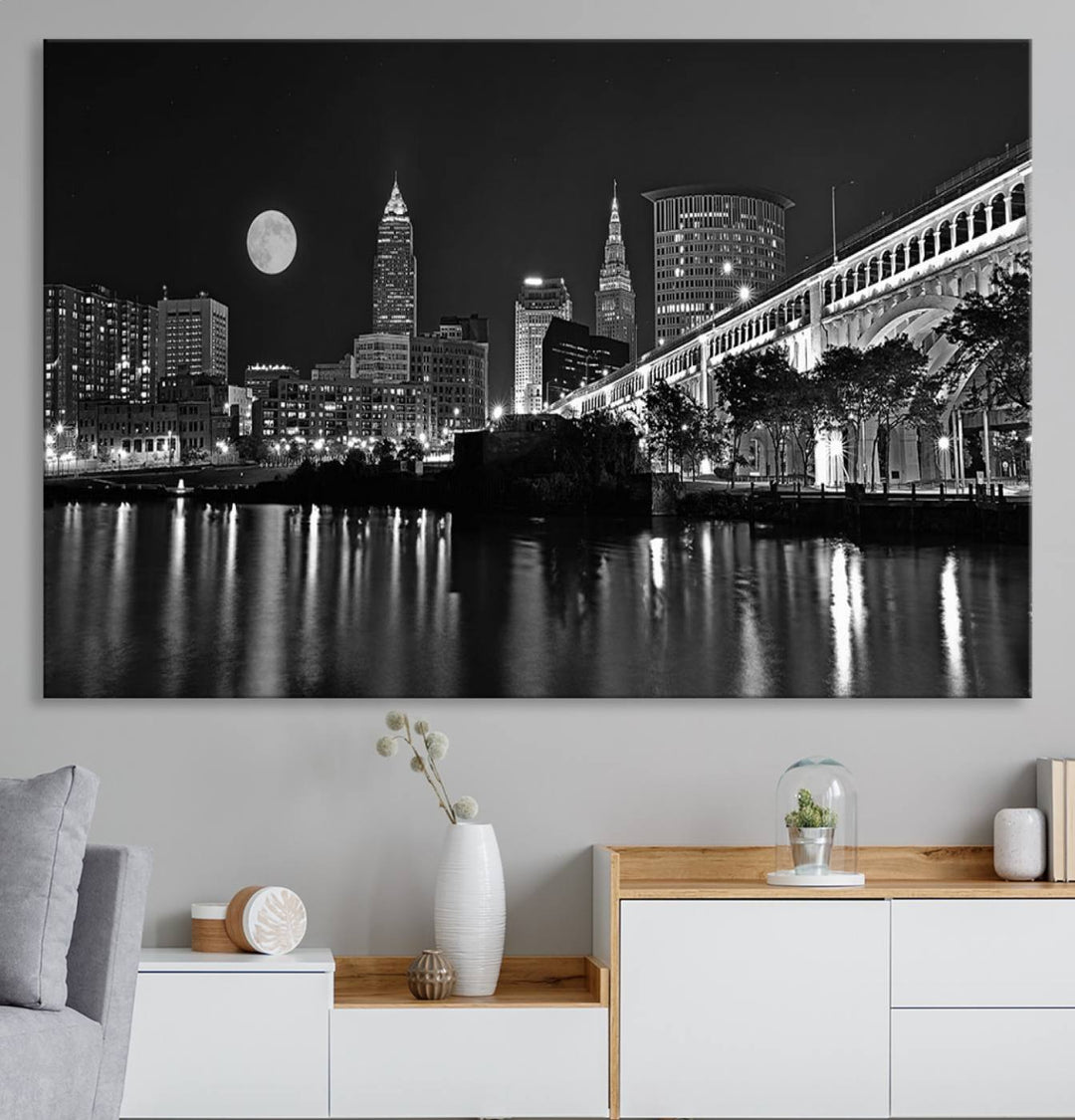 Cleveland Night Skyline Canvas Print: A museum-quality piece, ready to hang, featuring a stunning full moon and its reflections below.