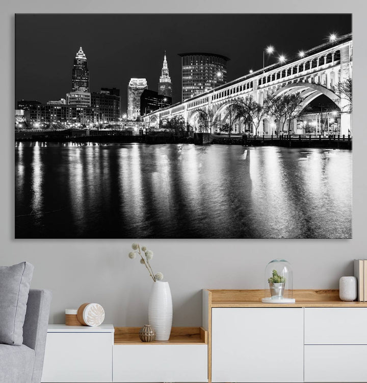 The Cleveland Night Skyline Canvas Print hangs prominently.