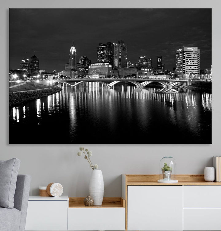 Columbus City Lights Skyline canvas print in black and white, featuring museum-quality craftsmanship and free shipping.