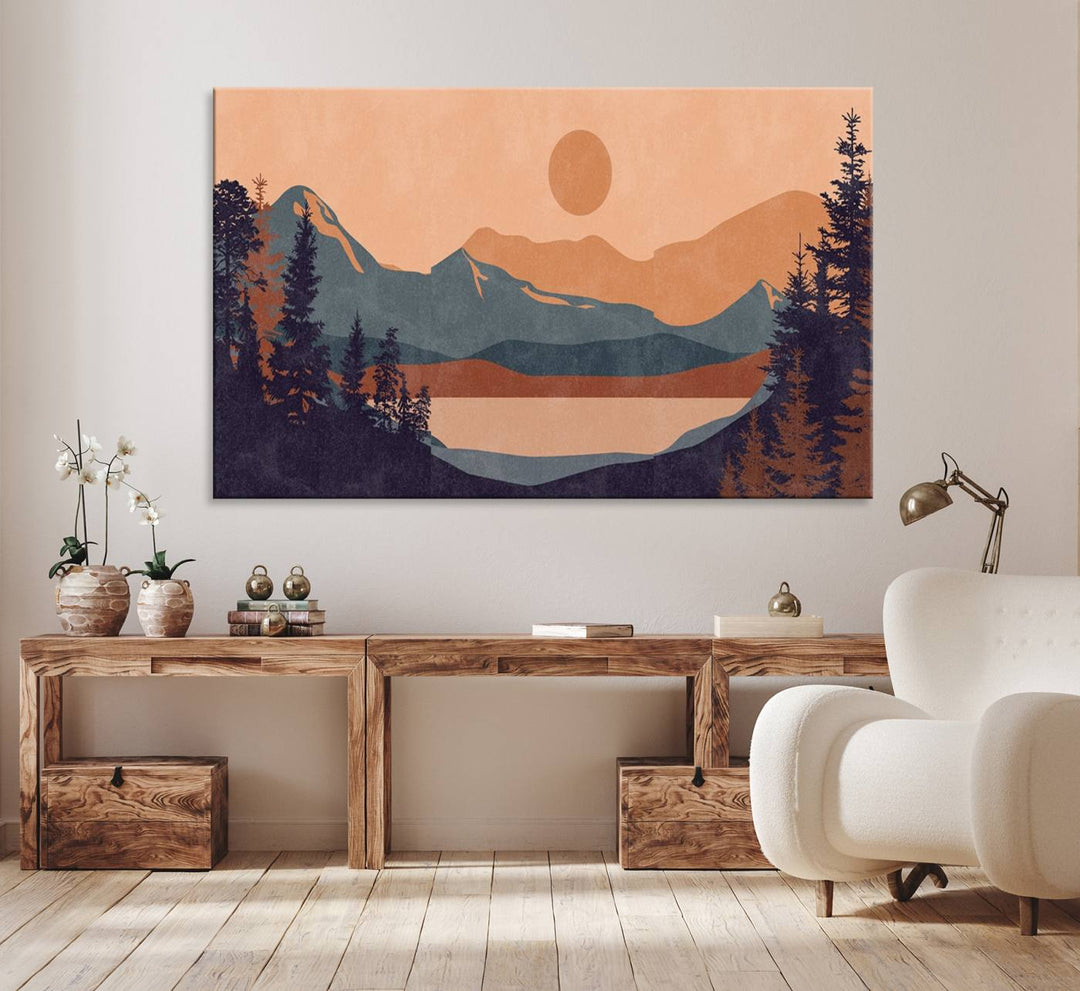 The Modern Boho Sunset Triptych displays a mountain sunset.