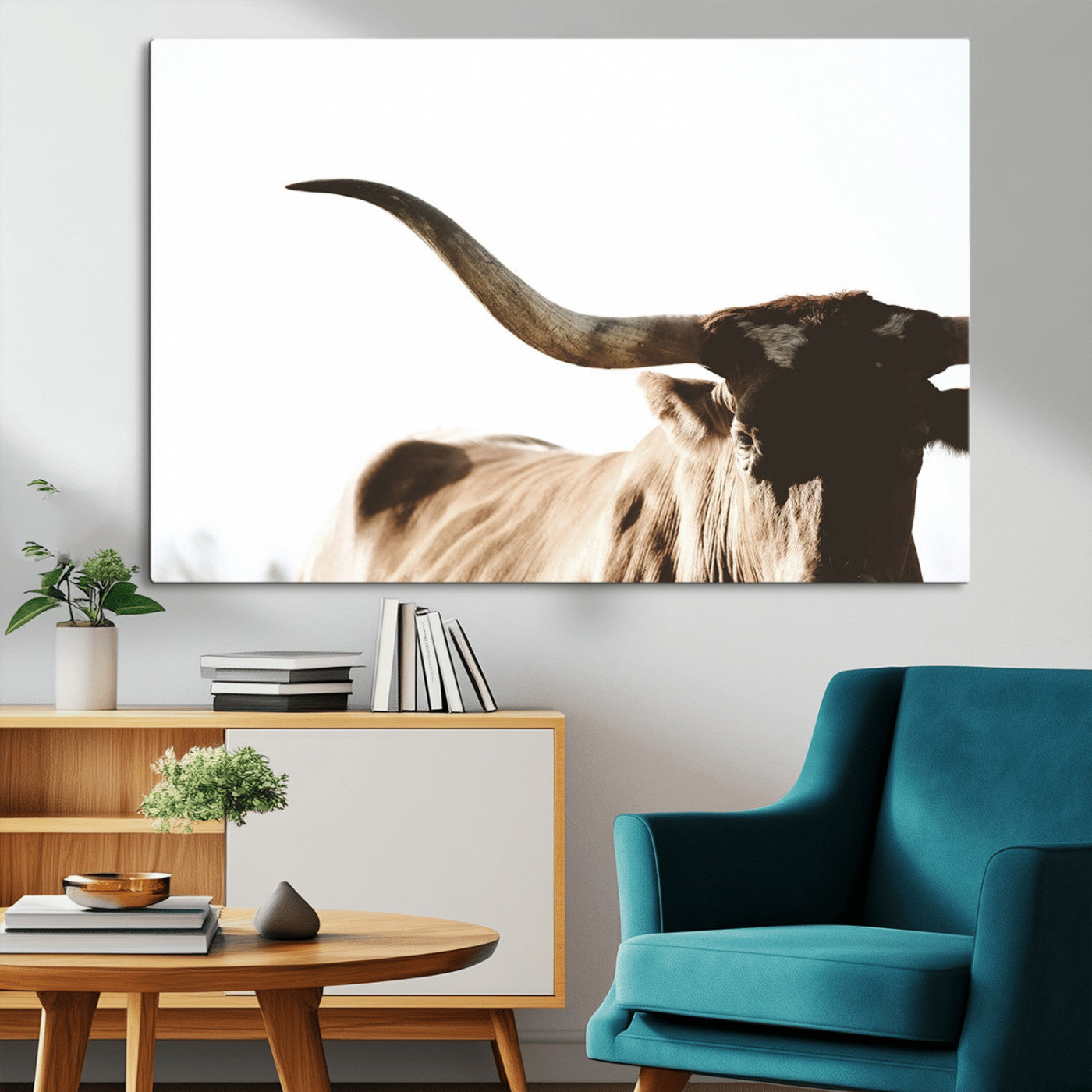 MGV-CV-36X24 - Texas Longhorn Wall Art Canvas Print | 3-Panel Large Longhorn Canvas Print for Living Room, Framed Gallery Wrap Office, Rustic Western Cowboy Decor