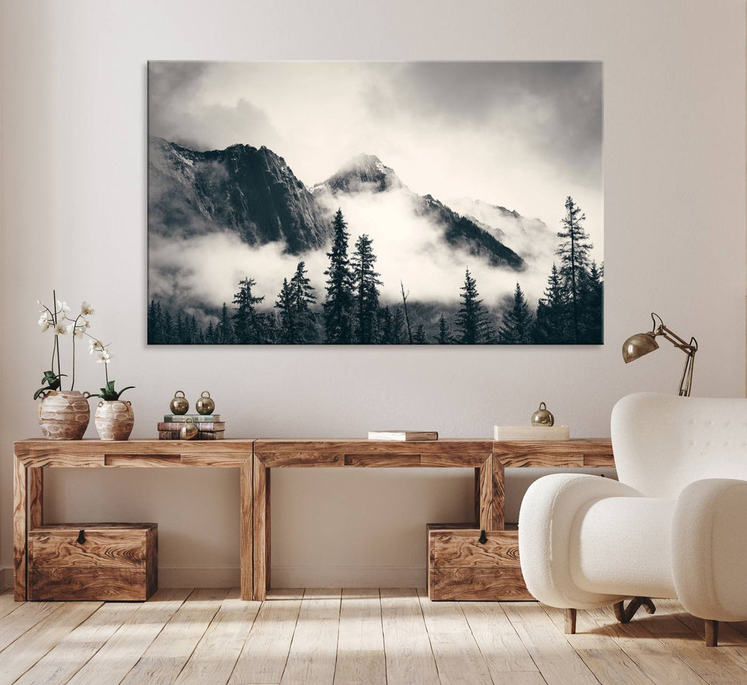 Forest Mountain Print - Black and White Canvas.