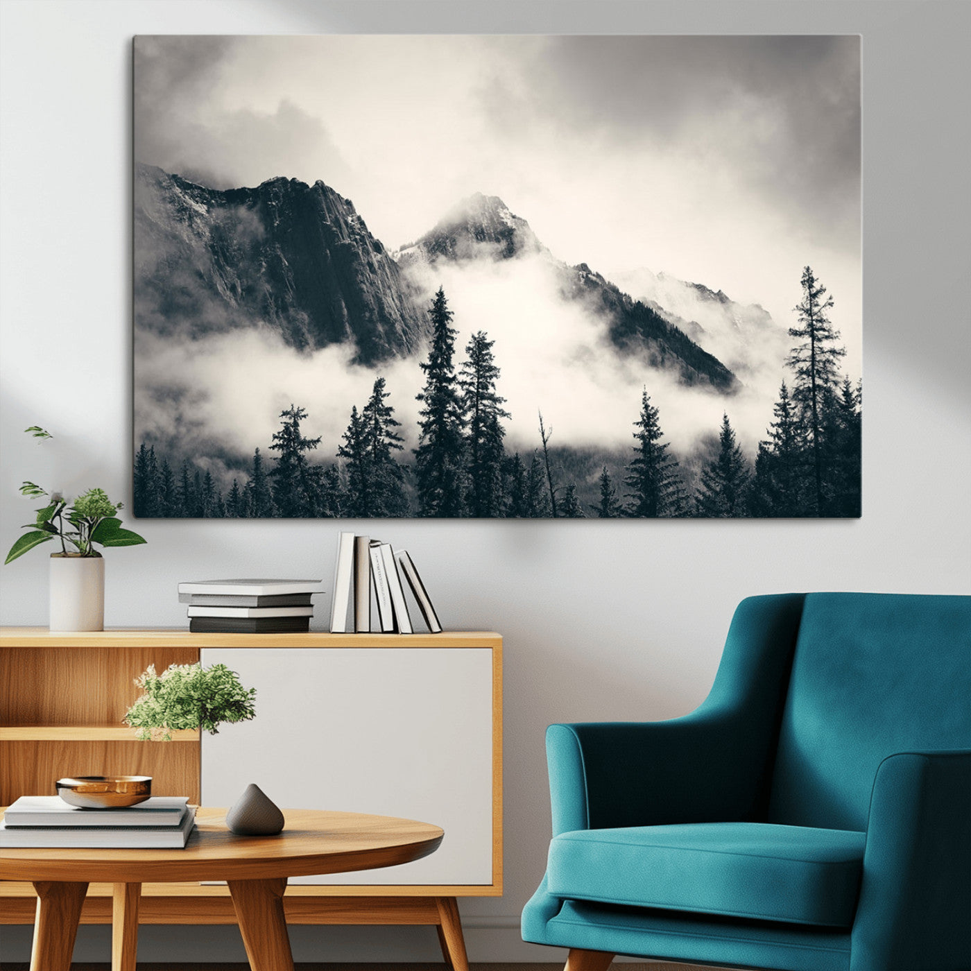 MGV-CV-36X24 - Large Foggy Mountain Forest Wall Art Canvas Print | Misty Mountain Peaks and Pine Trees Print | Framed Gallery Wrap | Rustic Nature Farmhouse Decor