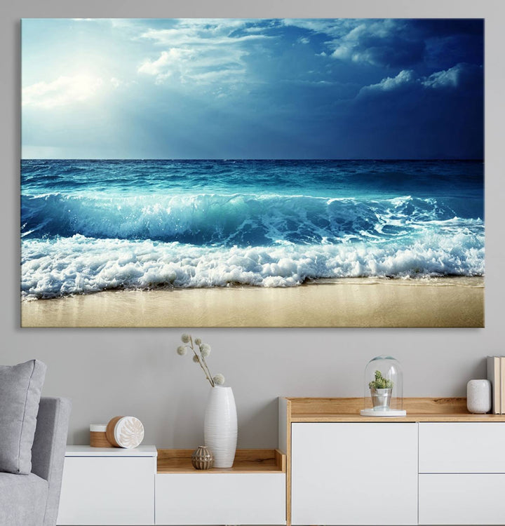 The Majestic Ocean Wave Wall Art Canvas, a 3-panel seascape print, is featured prominently.