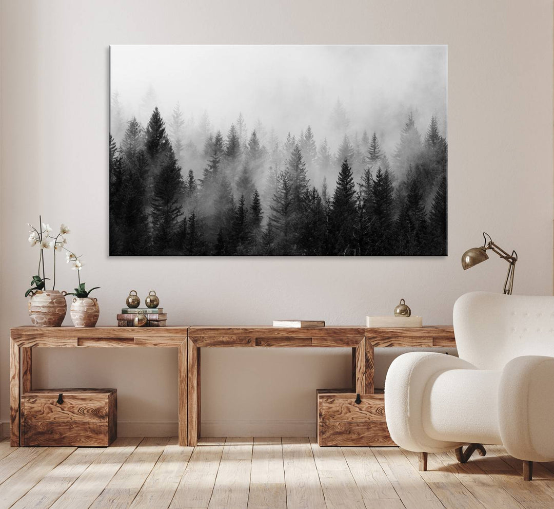 Fogy Forest Canvas Art features misty pines and a mountain landscape.