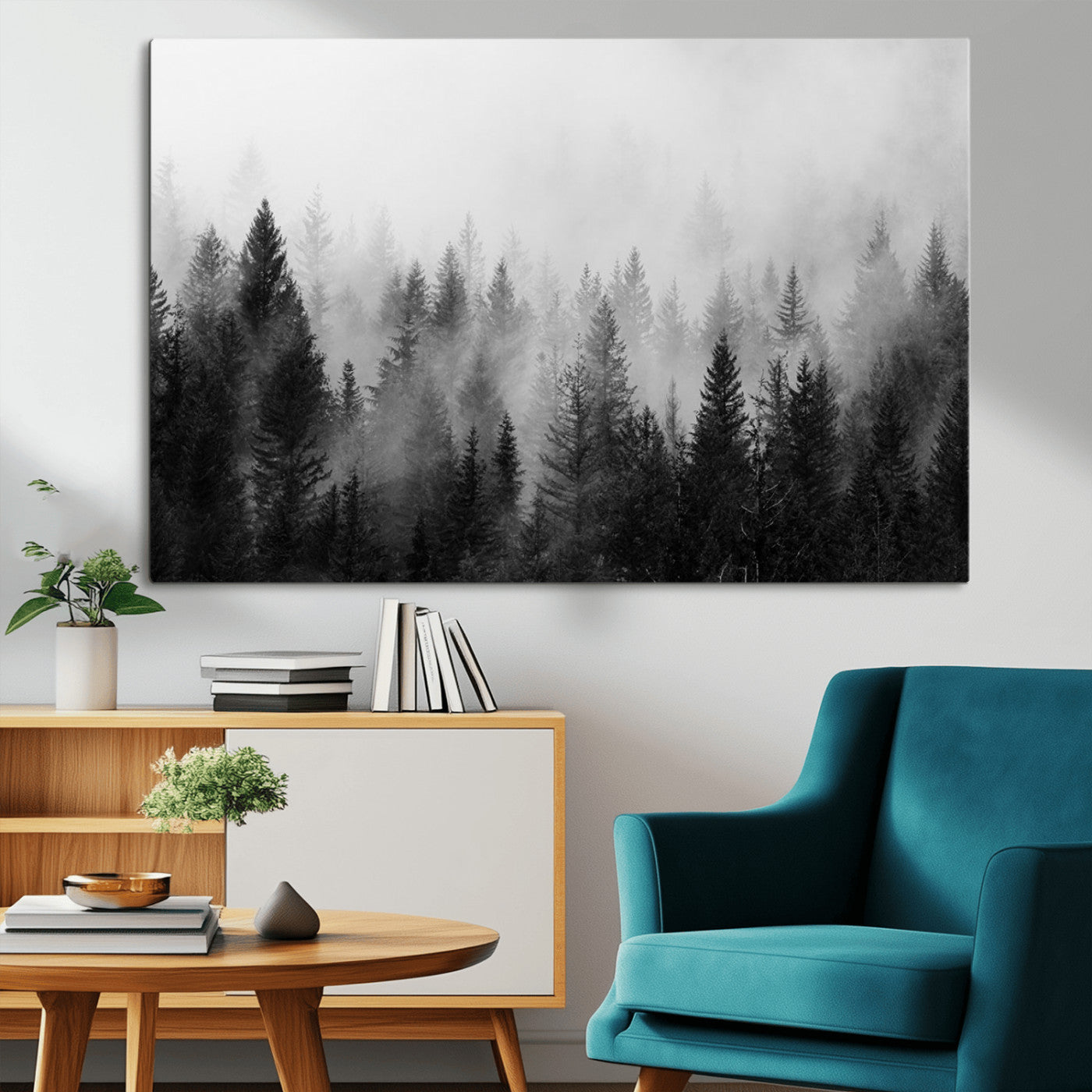 MGV-CV-36X24 - Foggy Black and White Forest Wall Art, 3 Panel Misty Pine Trees Canvas Print for Living Room, Office, or Bedroom, Nature-Inspired Woodland Wall Decor