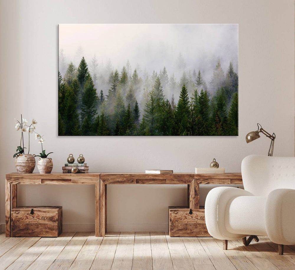 A serene, foggy evergreen forest creates a mysterious atmosphere, ideal for premium canvas wall art.