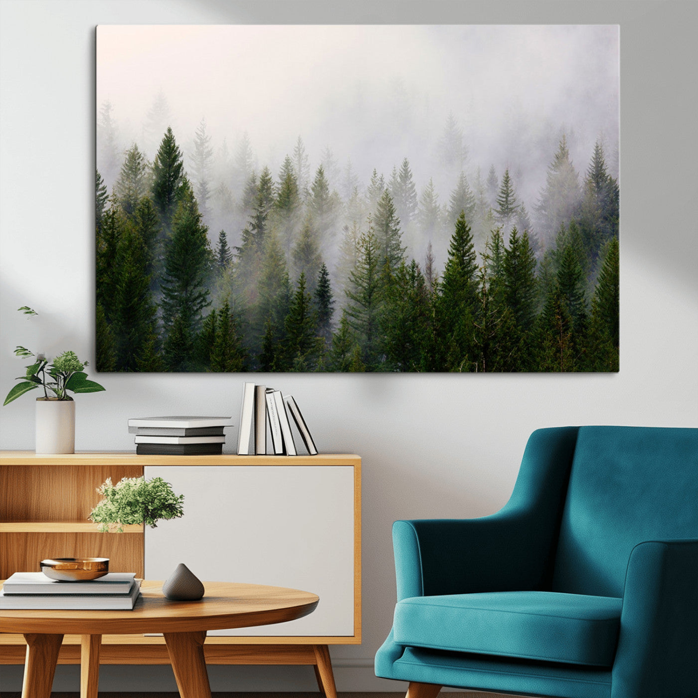 MGV-CV-36X24 - Misty Pine Forest Wall Art Canvas Print | 3 Panel Green Woodland Canvas Print for Living Room, Office, or Dining Room | Nature Foggy Forest Decor