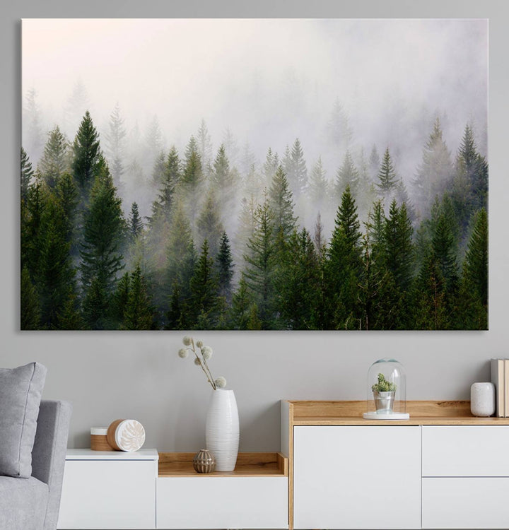 Misty Pine Forest Canvas Print serves as a foggy forest decor piece in the kitchen.