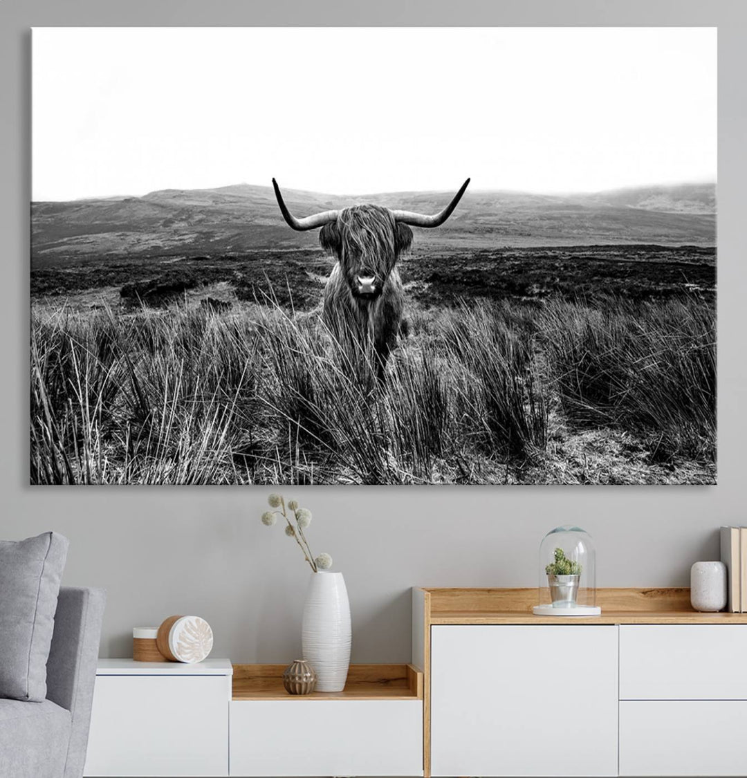 Dining room featuring a Black and White Highland Cow Canvas for a Western-themed decor.