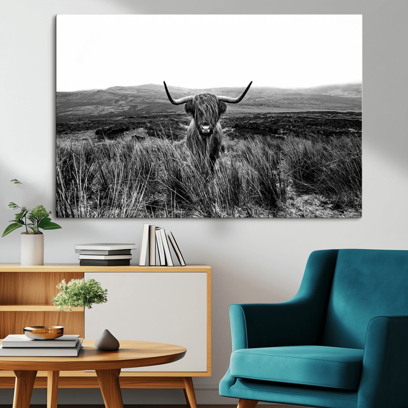 MGV-CV-36X24 - Black and White Highland Cow Canvas Wall Art, Longhorn Triptych Western Decor for Cabin - Farmhouse Wall Decor