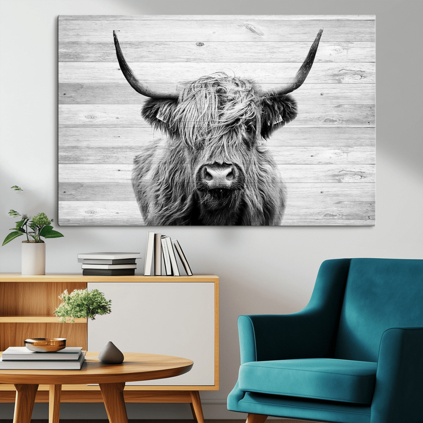 MGV-CV-36X24 - Scottish Highland Cow Cattle Art Print on Wood Background Style