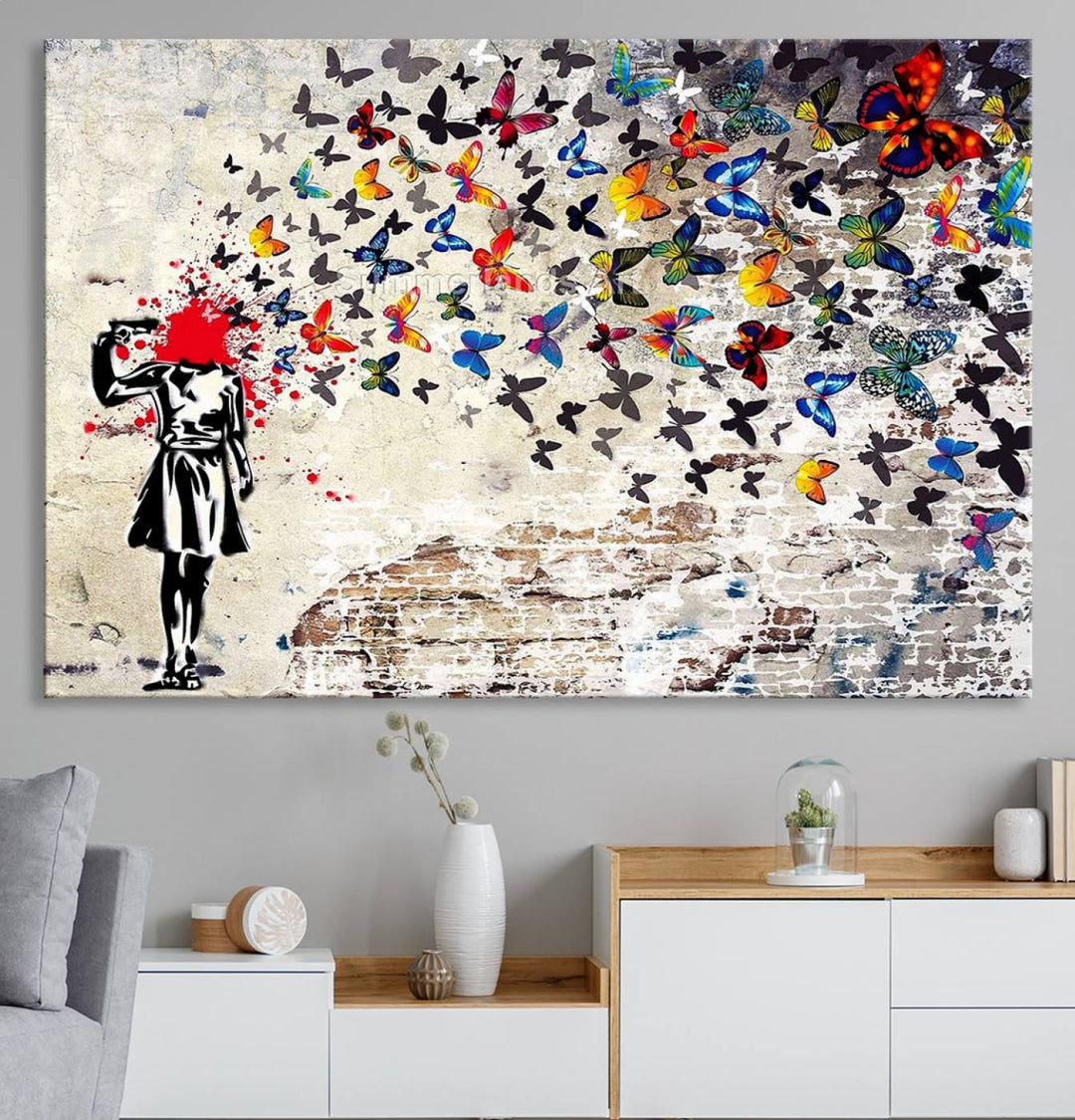 Banksy Art Butterfly Girl Explosion: Vibrant urban graffiti canvas for modern interiors, ready to hang.