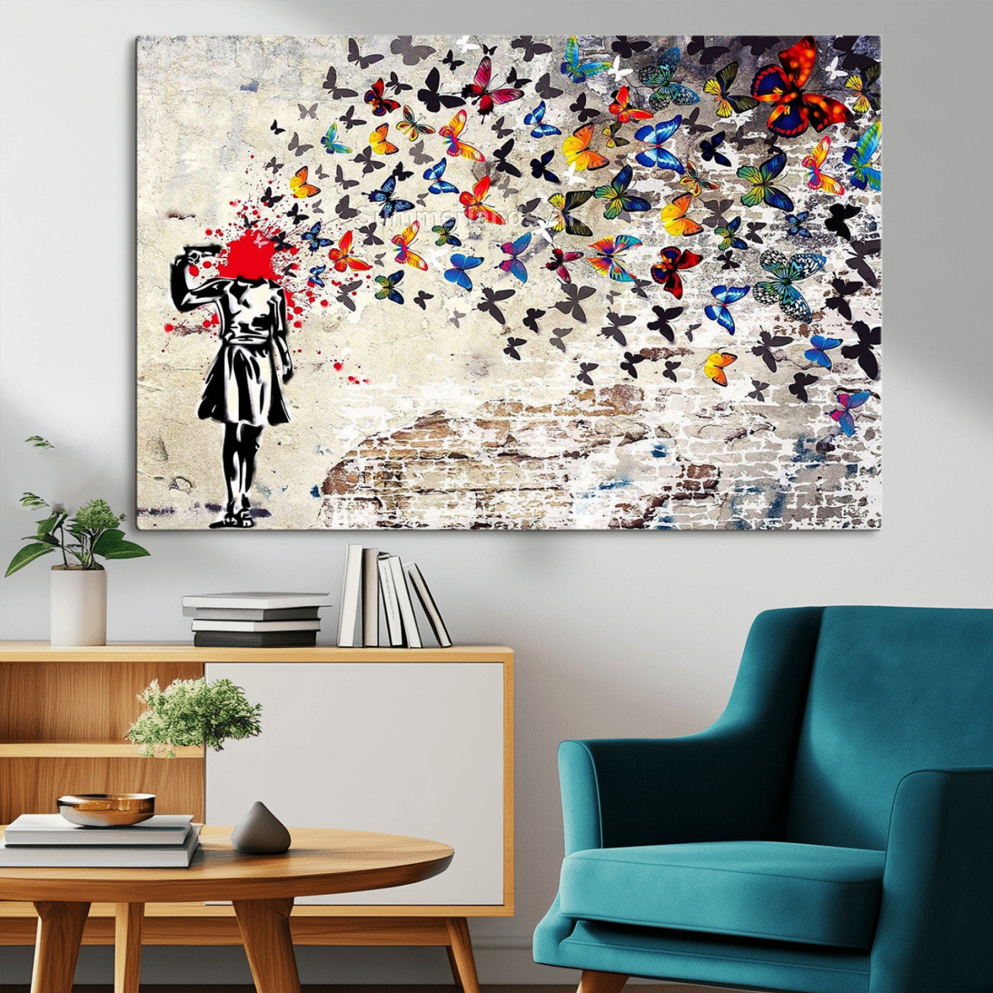 MGV-CV-36X24 - Banksy Art Butterfly Girl Explosion Canvas Art – Vibrant Urban Graffiti for Modern Interiors - Ready to Hang