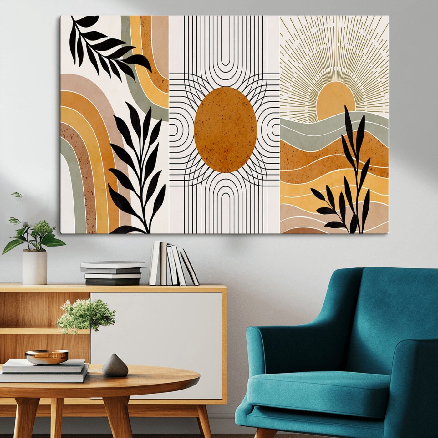 MGV-CV-36X24 - Modern Boho Sun and Leaf Abstract Art – 3-Panel Giclée Canvas for Mid-Century Modern or Bohemian Wall Decor