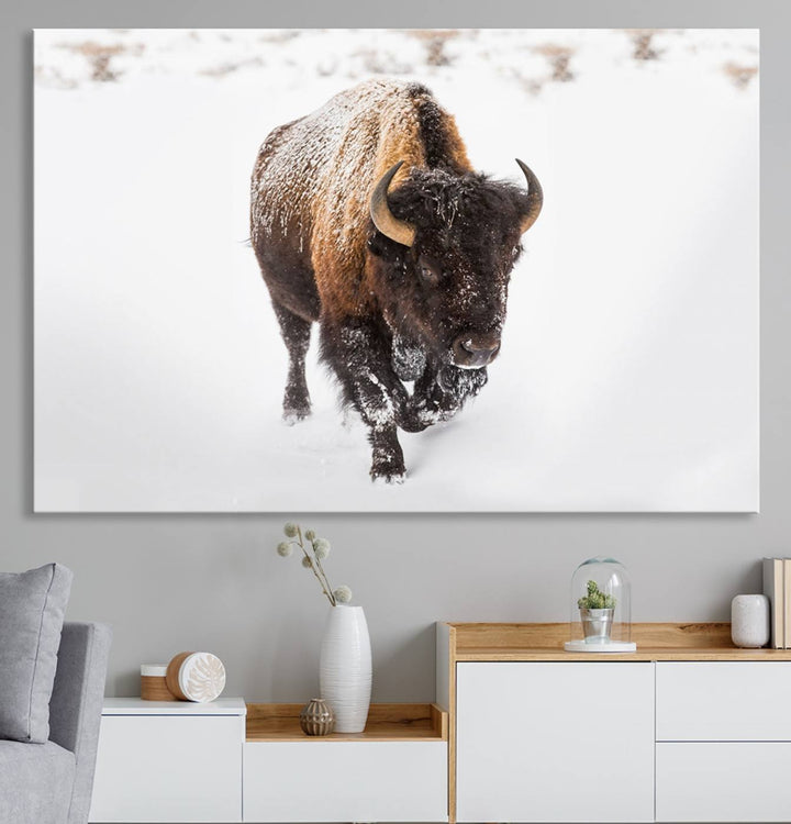 Bison Winter Wall Art Canvas Print for farmhouse decor.