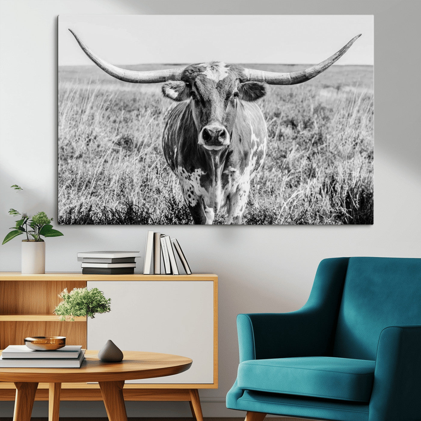 MGV-CV-36X24 - Texas Cow Longhorn Wall Art Canvas Print for Farm House Wall Decor, Farmhouse Wall Art Print