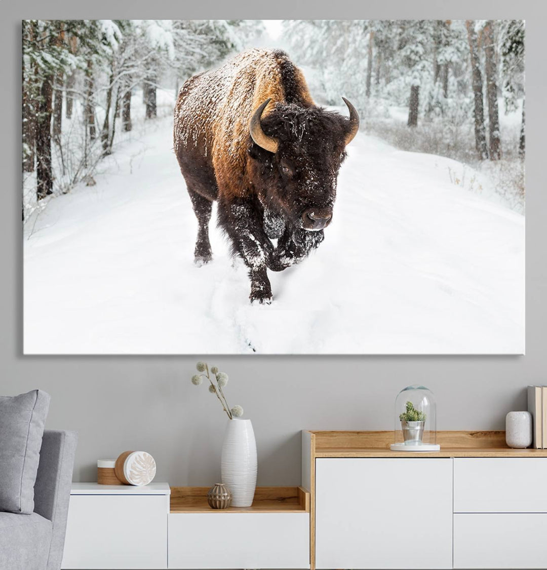 The dining area showcases the Bison Wall Art Canvas Print for Farmhouse.