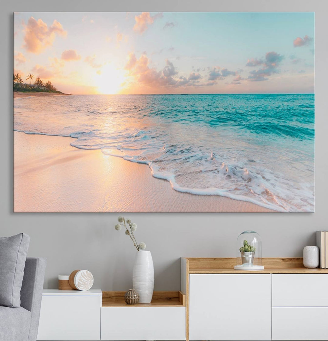 The kitchen features the Beach Sunrise Wall Art, Coastal Sunset Beach Scene.