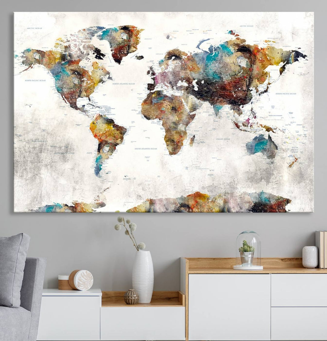 The Colorful World Map Wall Art Canvas Print adds vibrance to the space, ideal for geography lovers.