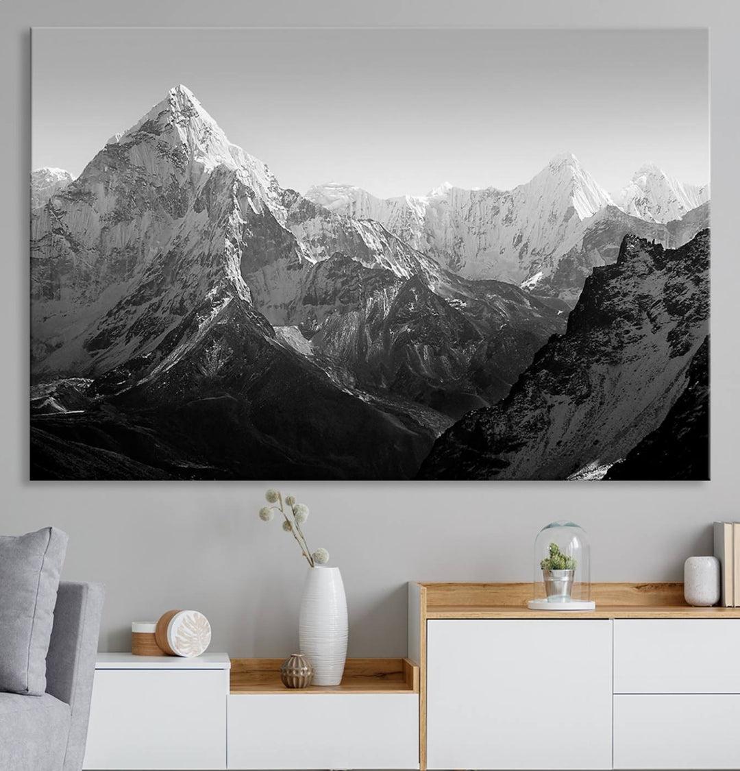 Everest Himalaya Mountain Peaks Black & White Triptych Canvas Art – Mountain Wall Decor for Minimalist Interiors