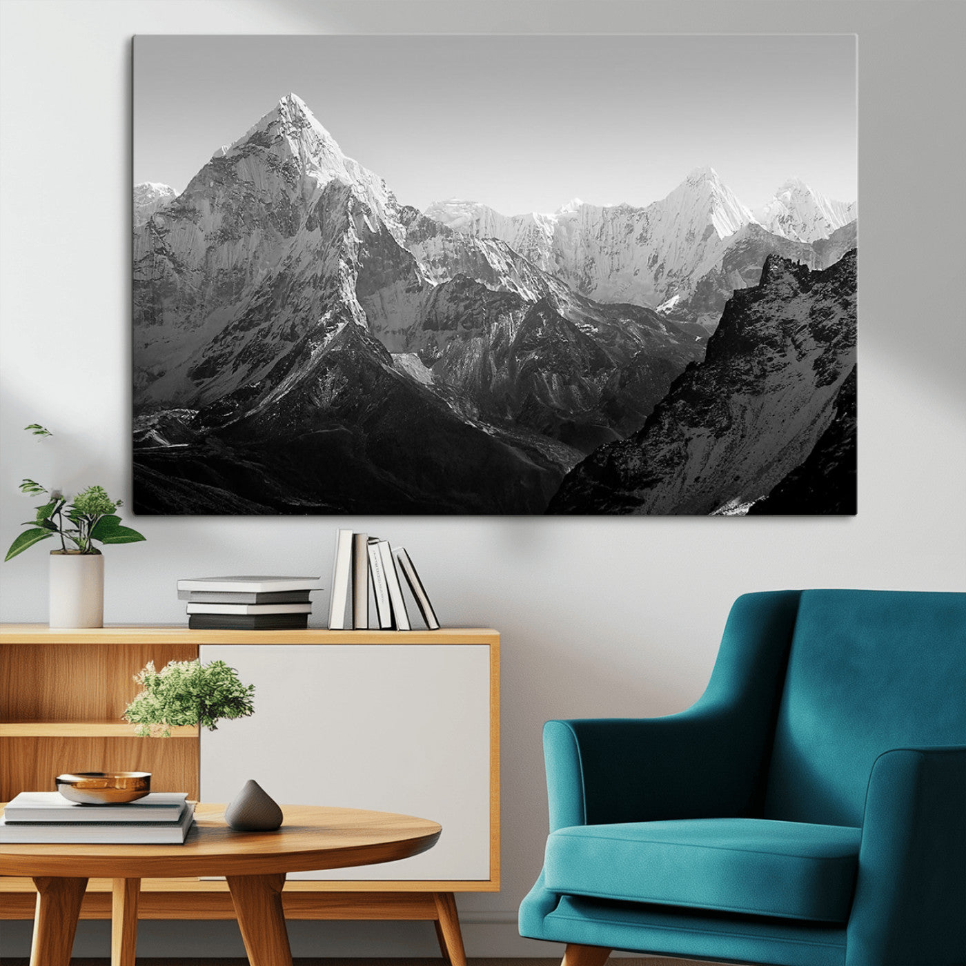 MGV-CV-36X24 - Everest Himalaya Mountain Peaks Black & White Triptych Canvas Art – Mountain Wall Decor for Minimalist Interiors