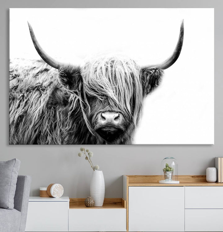 Framed Black and White Scottish Highland Cow Art Print.