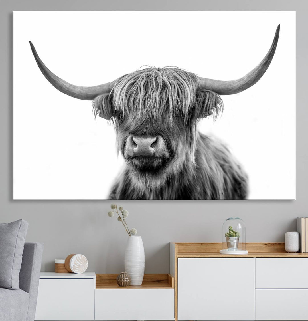 The Grayscale Scottish Highland Cow canvas is a museum-quality piece perfect for your dining room. Enjoy free shipping on this stunning artwork!.