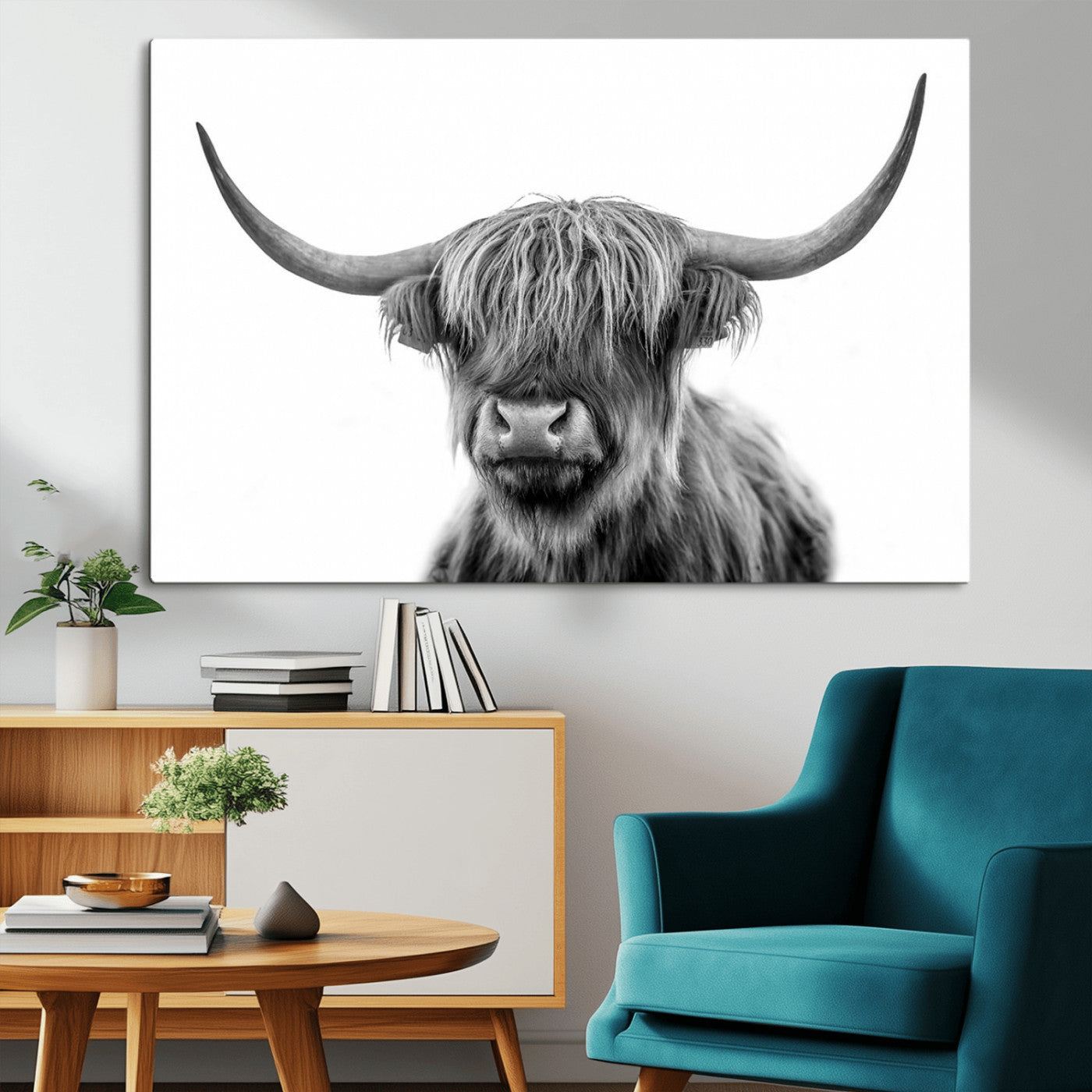 MGV-CV-36X24 - Grayscale Scottish Highland Cow Cattle Art Print Farmhouse Wall Art Canvas Print