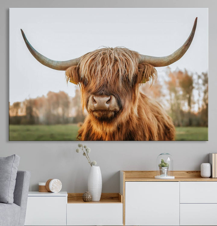 A dining room featuring a Highland Cow Animal Scottish Cattle canvas.