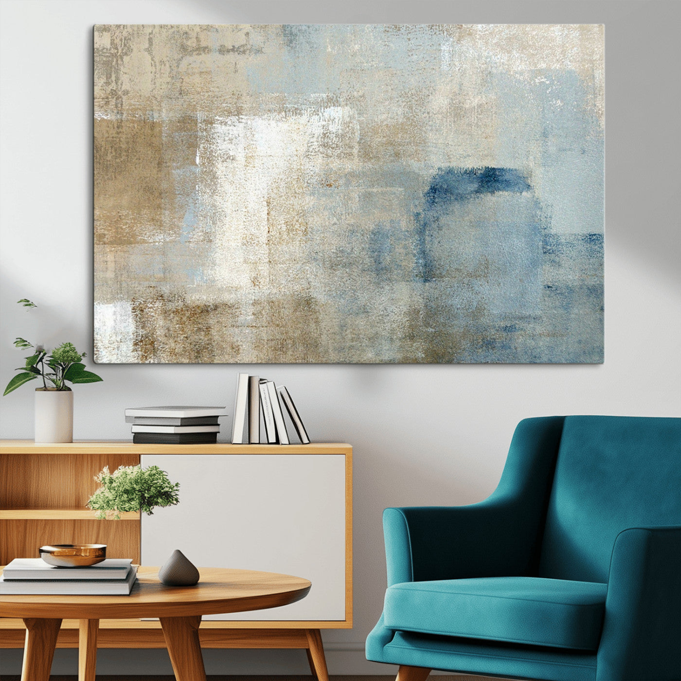MGV-CV-36X24 - Abstract Blue and Beige Wall Art, Modern Minimalist Canvas Print Set, Giclee Textured Art, Large Multi-Panel Artwork for Living Room