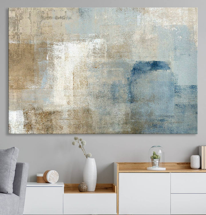 Abstract Blue and Beige Wall Art canvas print set with a modern minimalist aesthetic.