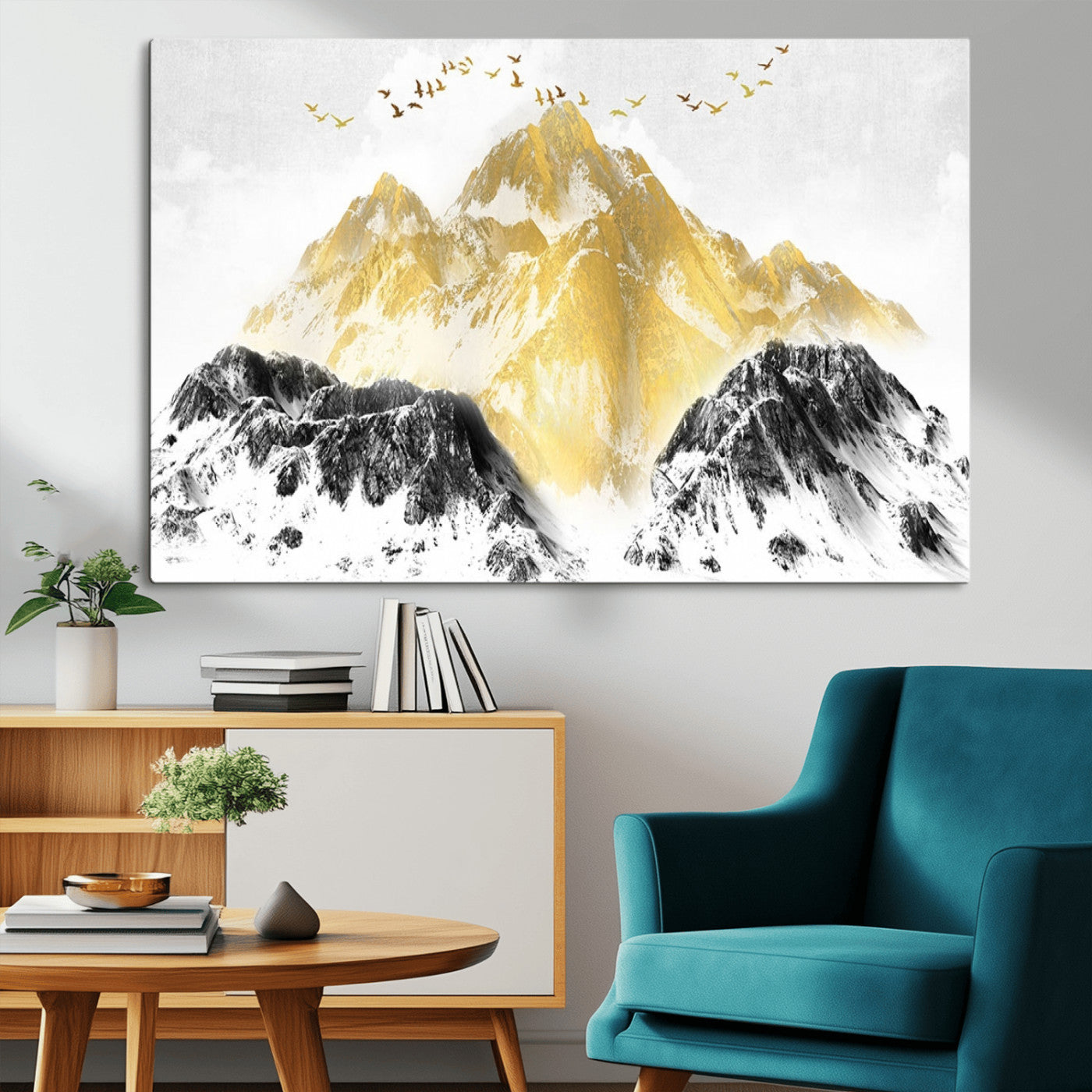 MGV-CV-36X24 - Golden Mountain Triptych Wall Art, Modern Giclee Canvas Print, Nature Landscape Decor for Living Room, Contemporary Gold and Black Wall Art
