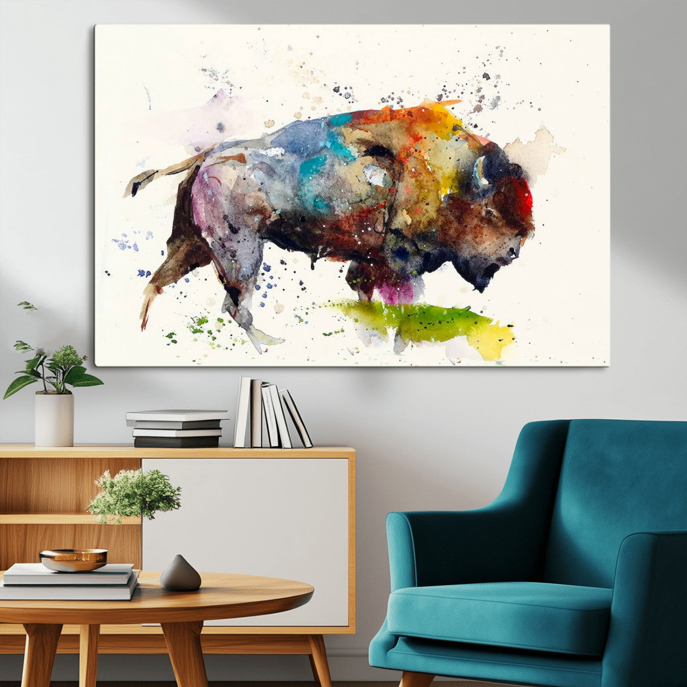 MGV-CV-36X24 - Abstract Buffalo Wall Art, Western Watercolor Bison Canvas Print, Rustic Buffalo Art for Cowboy and Western Decor, Large Multi-Panel Giclee Canvas